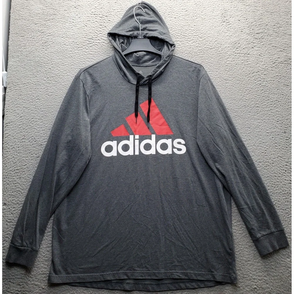 Adidas Hoodie Mens 2XLT Gray Graphic Logo Long Sleeve Lightweight Pullover EUC